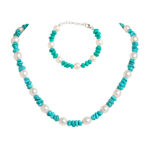 Ensemble De Turquoise Et Perle Naturelle Et Argent 925