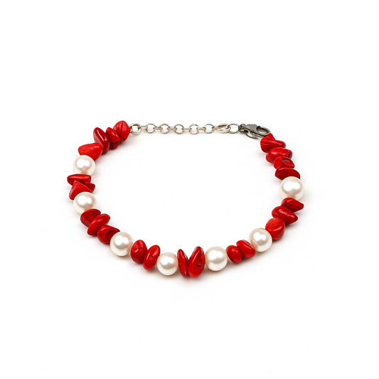 Bracelet De Corail Et Perle Naturel Et Argent 925