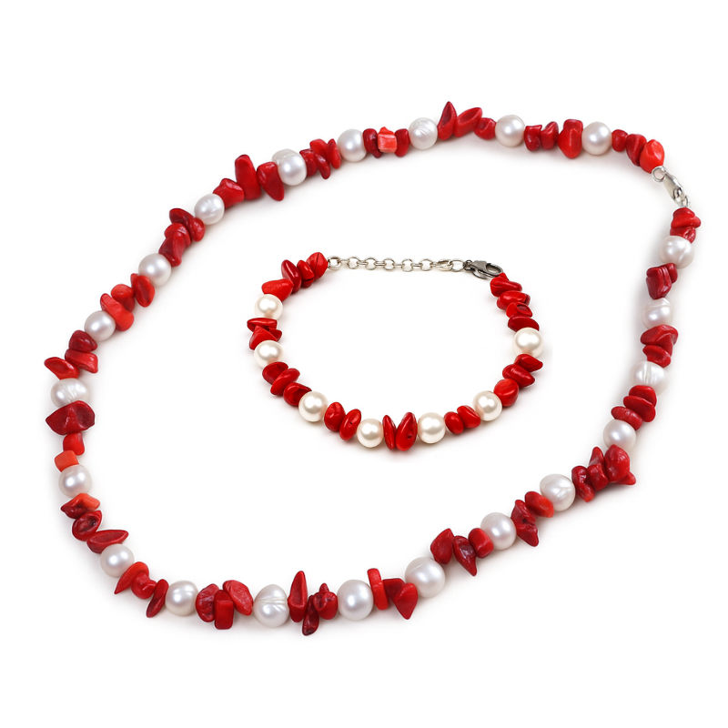 Ensemble De Corail Et Perle Naturel Et Argent 925