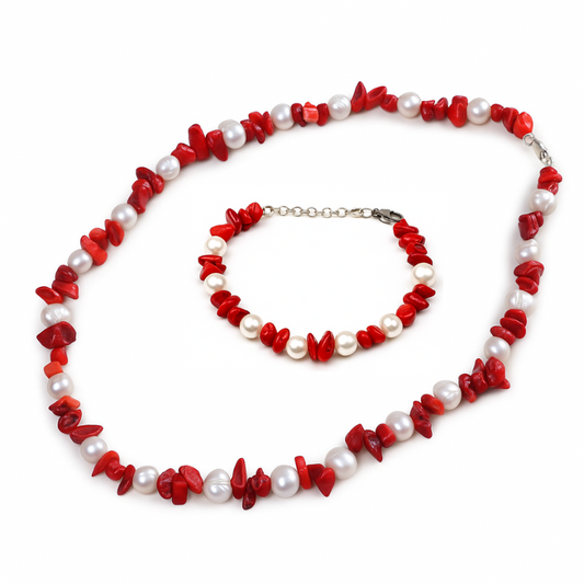 Ensemble De Corail Et Perle Naturel Et Argent 925