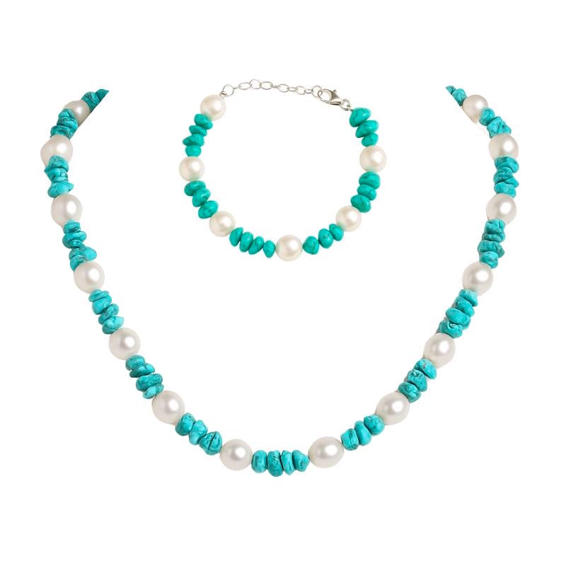 Ensemble De Turquoise Et Perle Naturelle Et Argent 925