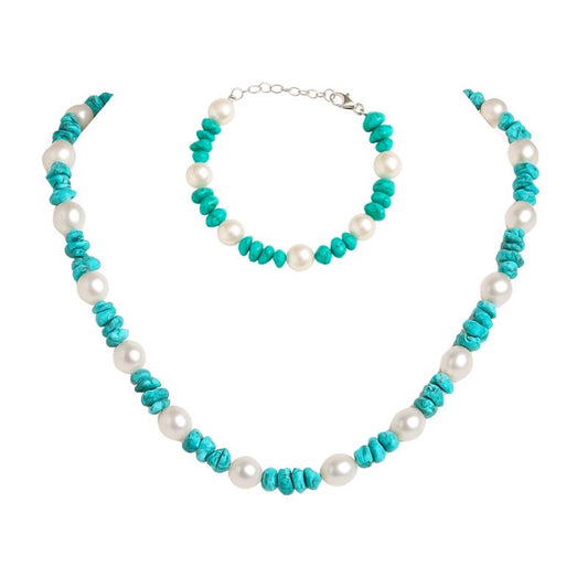 Ensemble De Turquoise Et Perle Naturelle Et Argent 925